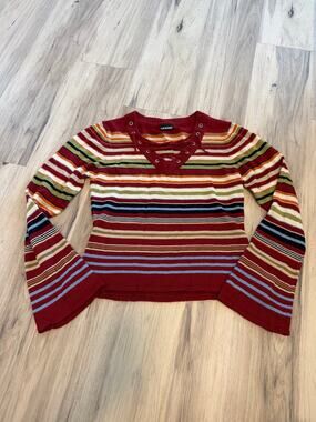 Women's Large Joe Boxer Y2K Striped Sweater Lace Front V-Neck Flared Bell Sleeve